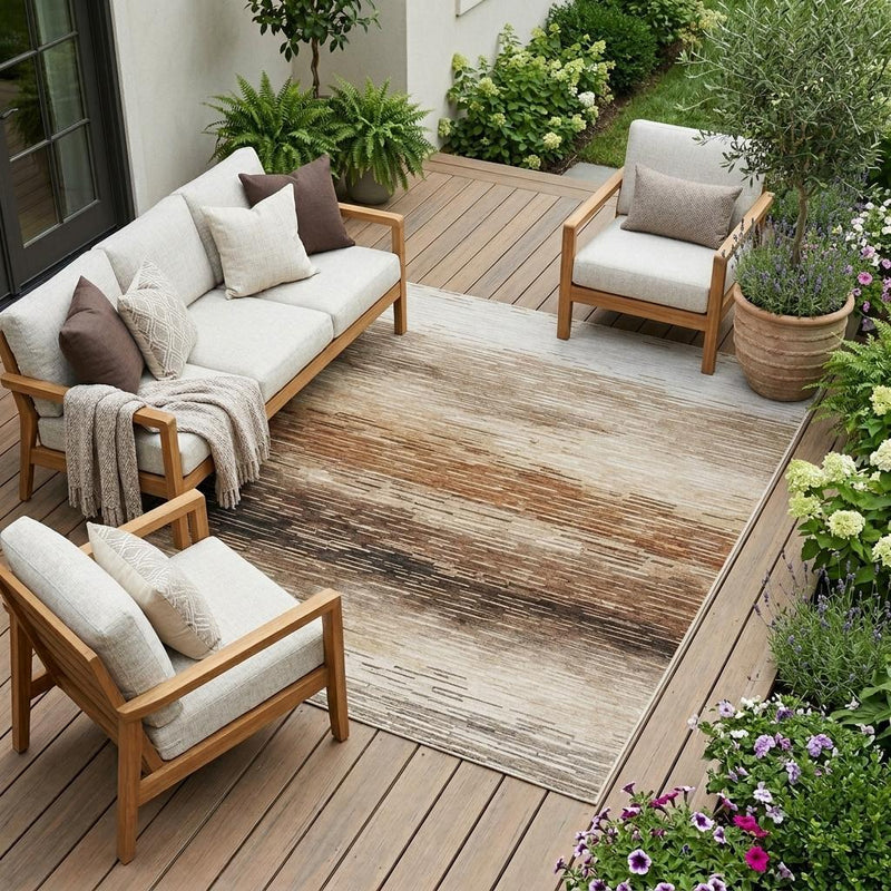 Brown and silver striped area rug with distressed horizontal pattern on deck flooring