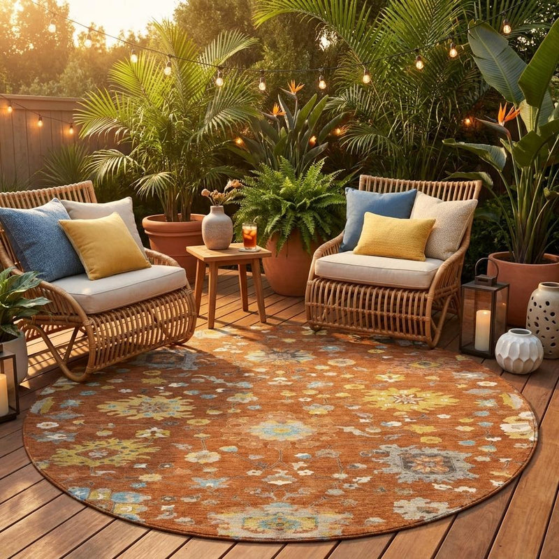 Round rust-brown floral area rug shown on outdoor patio floor with furniture around it