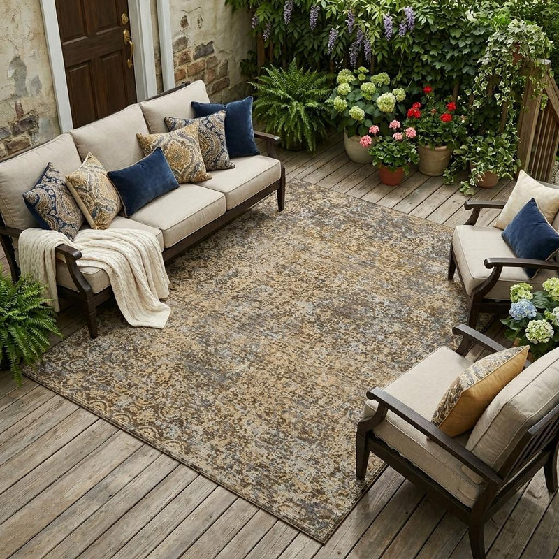 Indoor/outdoor abstract area rug with beige and brown distressed motif