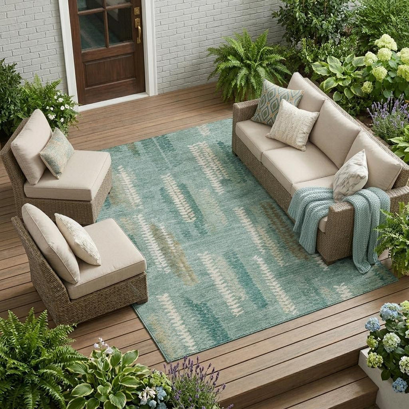 Outdoor-ready teal and aqua abstract area rug with cream striped zigzag design
