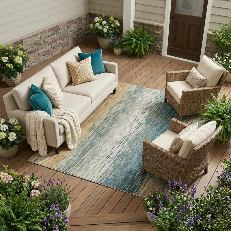 Teal blue and silver striped area rug laid flat indoors or outdoors on floor