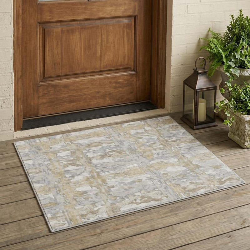 Ivory and silver abstract area rug with distressed brick design and flat weave