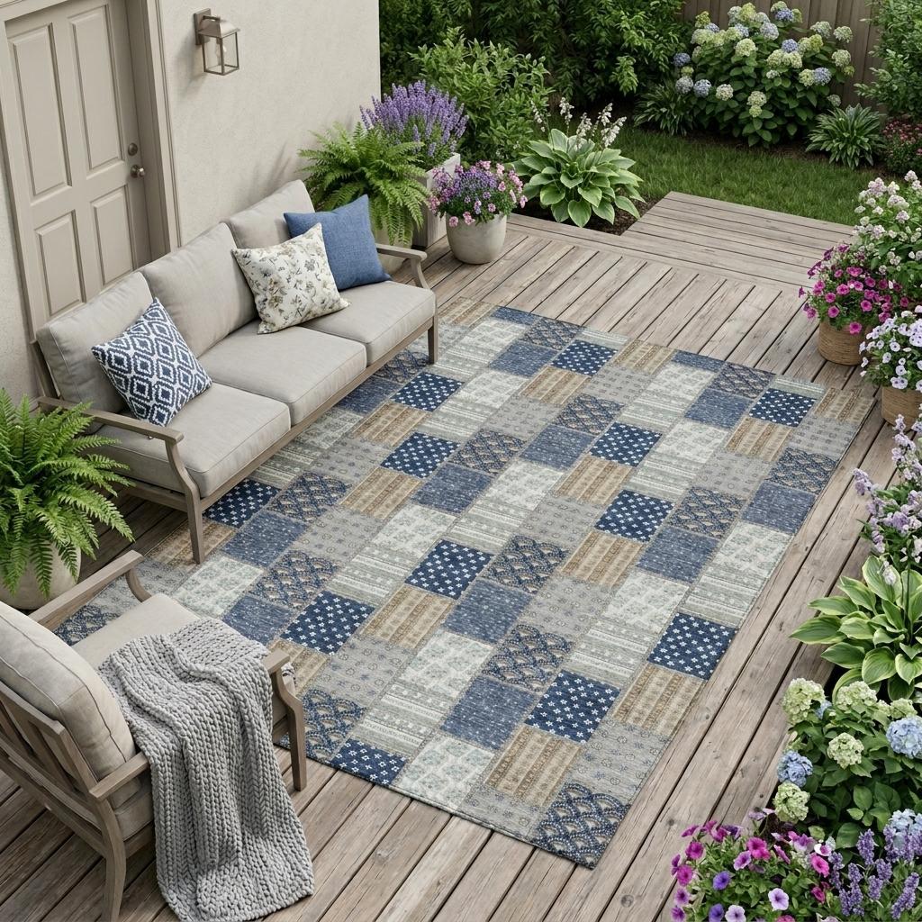 10' X 14' Navy Blue And Blue Patchwork Washable Indoor Outdoor Area Rug - Sports & Outdoor