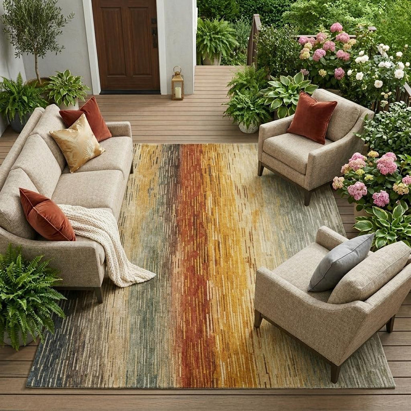 Rectangular area rug with green and beige horizontal striped pattern and speckled texture