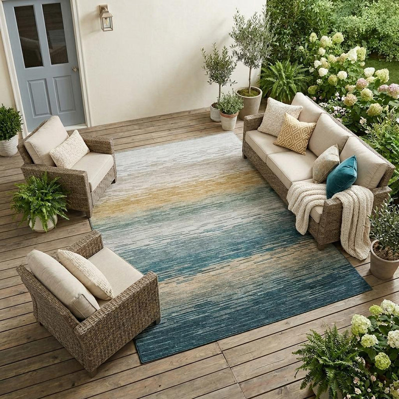 Teal blue area rug with abstract horizontal stripes, styled on outdoor patio