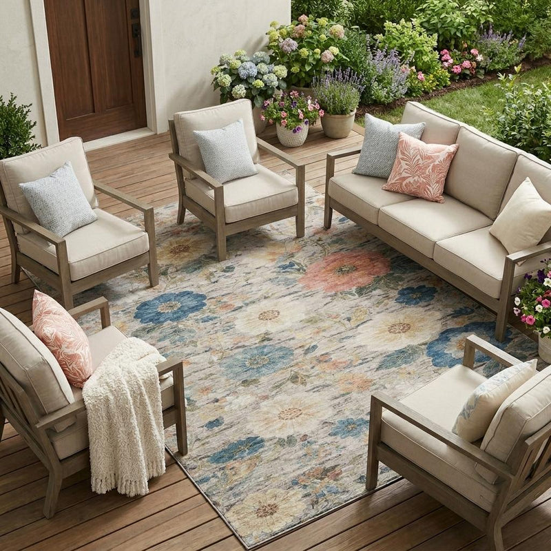 Ivory floral area rug on outdoor patio, featuring blue and coral flower designs