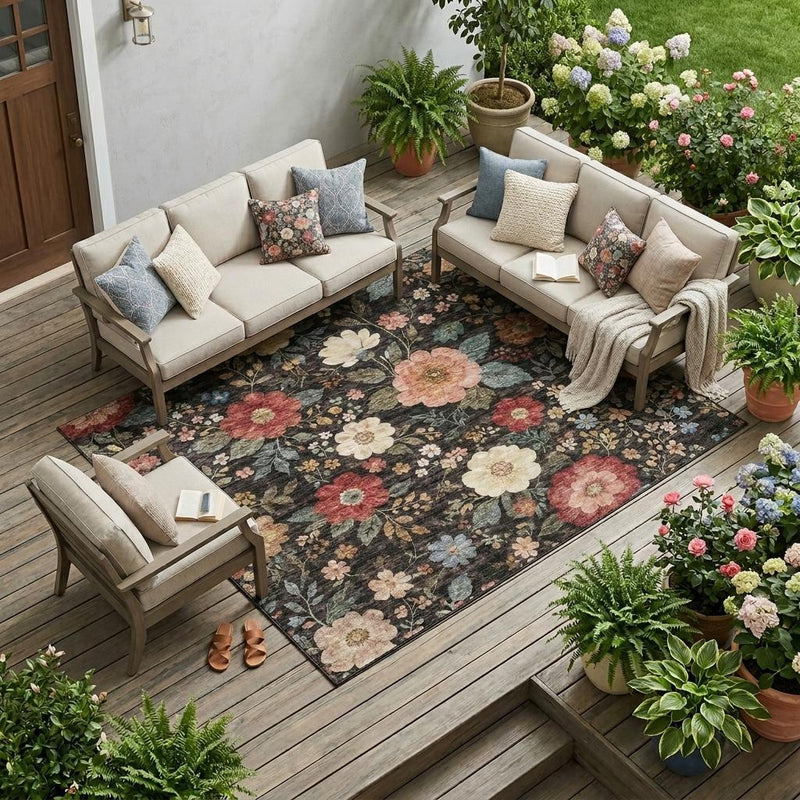 Floral area rug displayed outdoors with multicolor blooms on a dark charcoal base.
