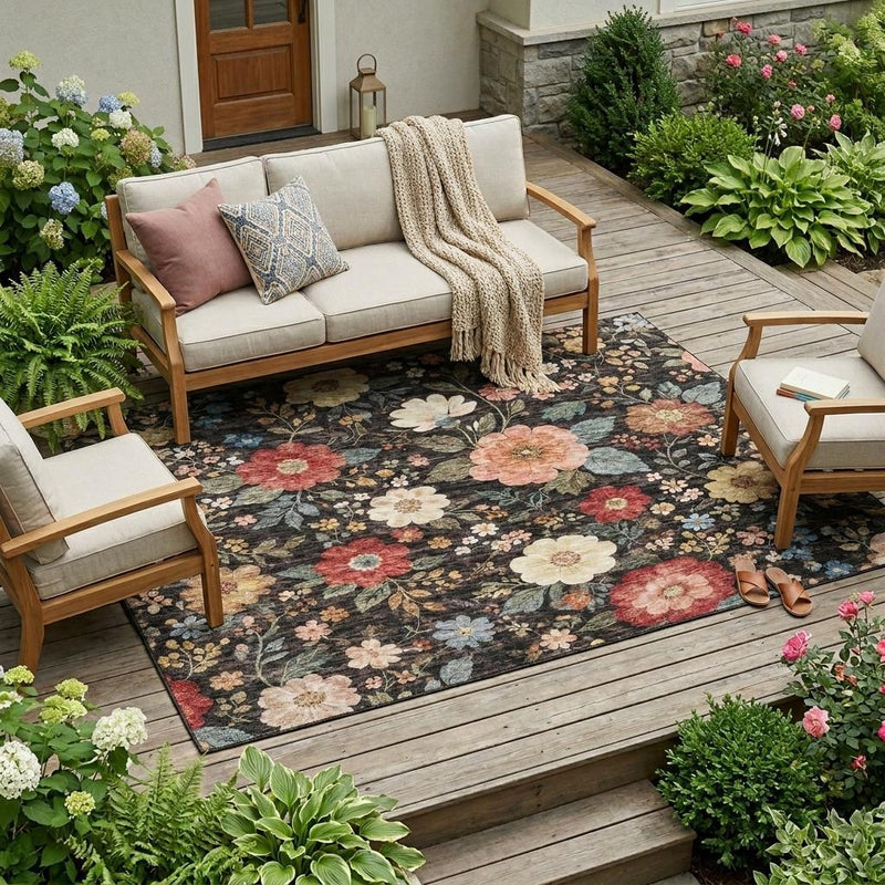 Floral area rug on an outdoor wooden deck with multicolor blossoms over dark background.