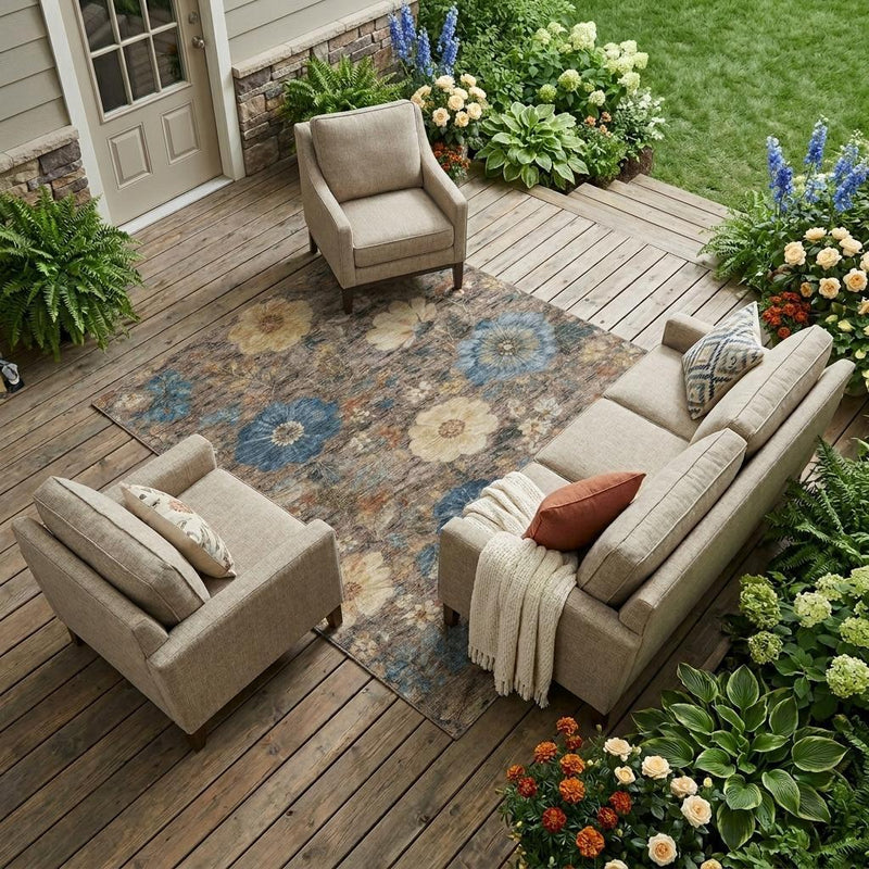 Floral indoor outdoor area rug laid on a wooden deck with blue and cream flower pattern
