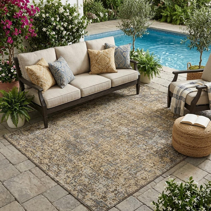 Washable indoor outdoor area rug with distressed abstract pattern in tan and brown