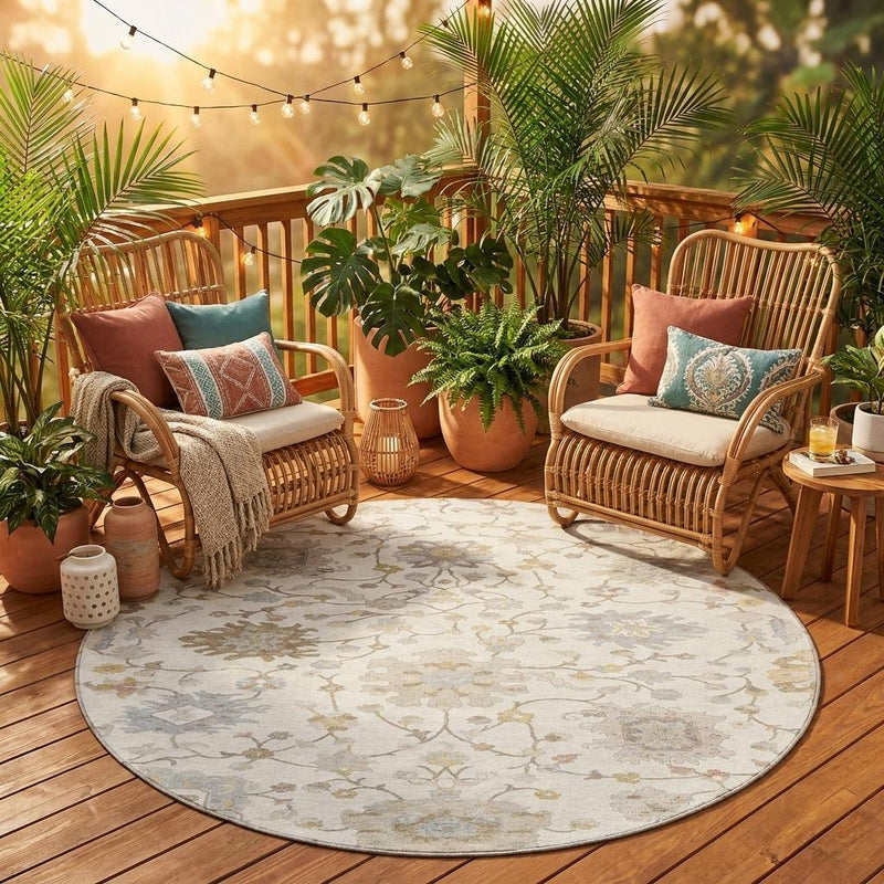 Round floral area rug with ivory background and muted blue, tan, and gray accents