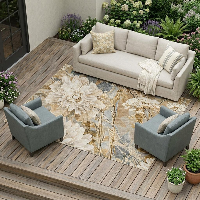Floral area rug centerpiece with beige and brown flowers on gray-blue ground, styled on patio