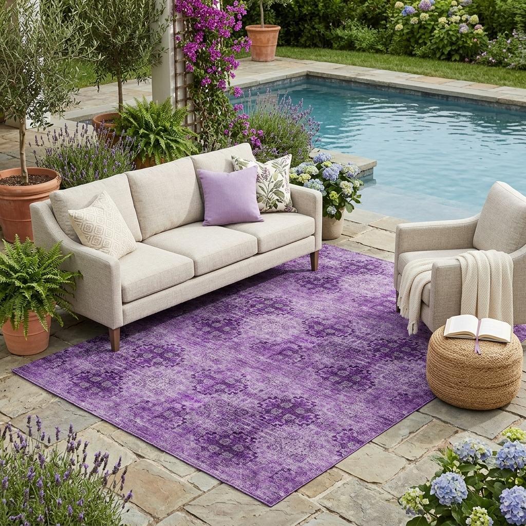 5' X 8' Eggplant Floral Medallion Washable Non Skid Indoor Outdoor Area Rug - Outdoor