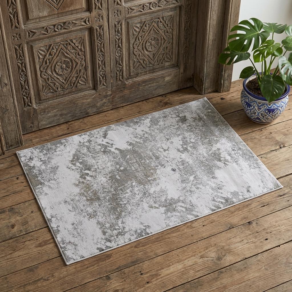 2' X 3' Gray and Silver Abstract Power Loom Worn Faded Area Rug - Home & Garden