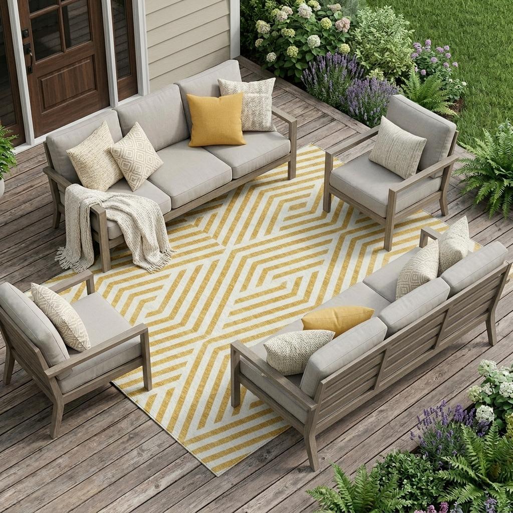 10' X 14' Gold and White Geometric Washable Non Skid Indoor Outdoor Area Rug - Sports & Outdoor