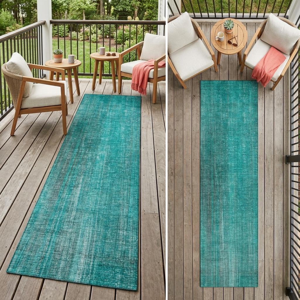 8' Runner Teal Striped Washable Non Skid Indoor Outdoor Runner Rug - Sports & Outdoor