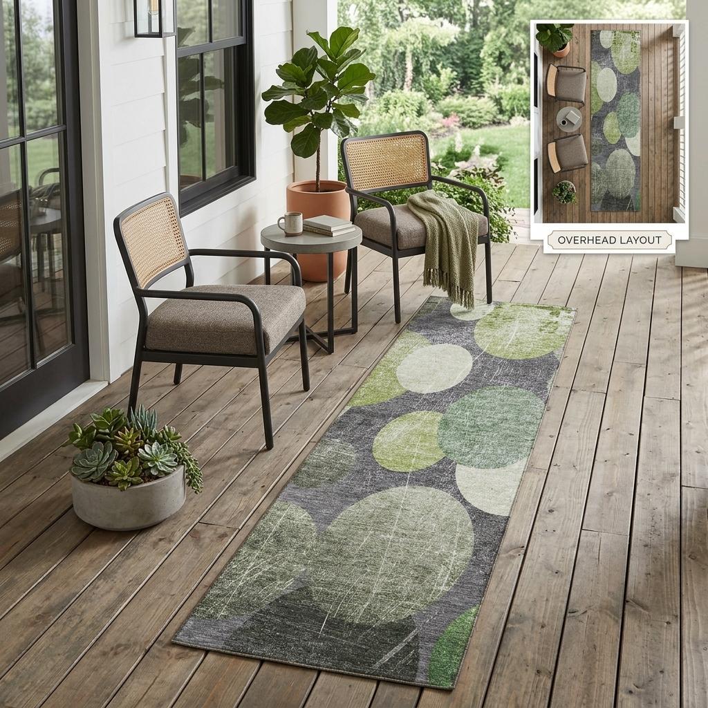 2' X 8' Green and Gray Abstract Washable Non Skid Indoor Outdoor Runner Rug - Outdoor