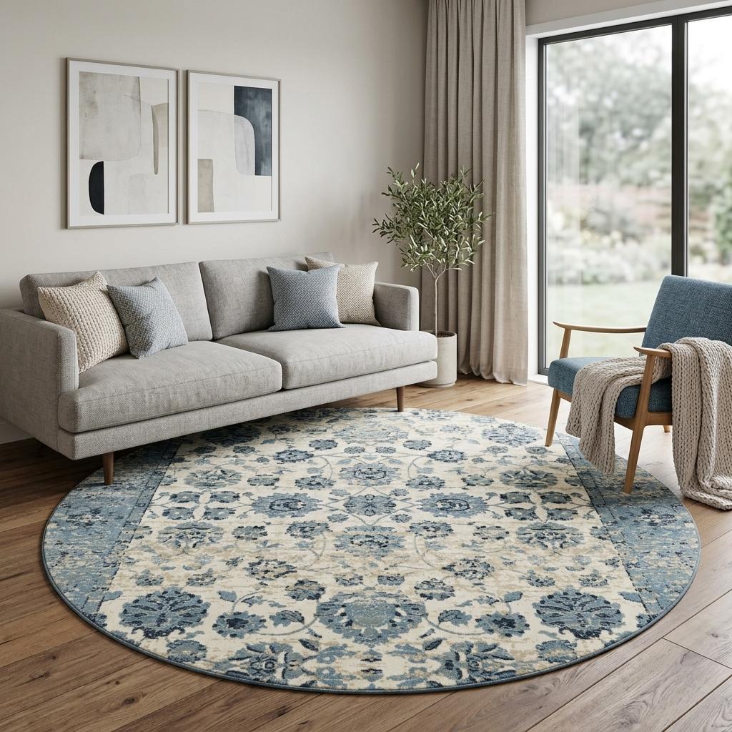 8' Ivory And Sky Blue Oriental Round Rug - Home Decor