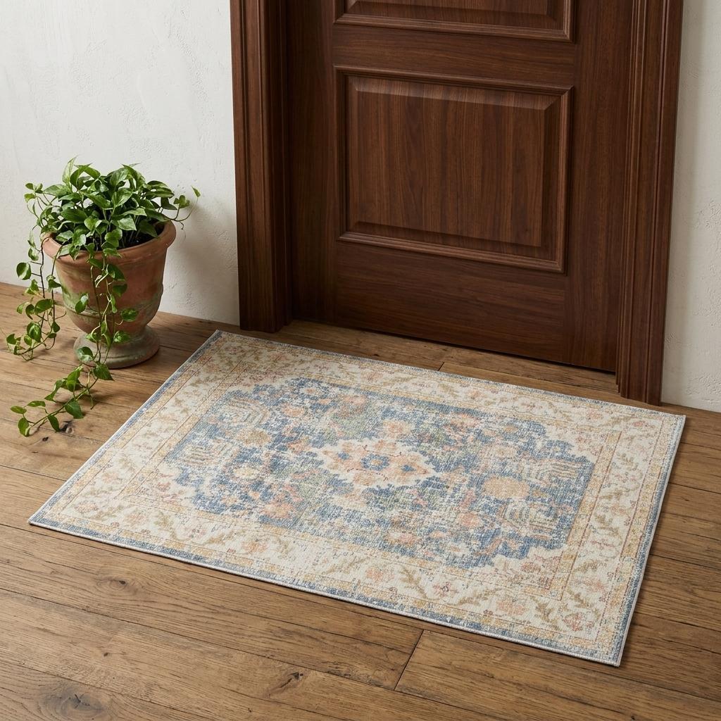 2' X 3' Coral And Blue Floral Distressed Area Rug - Home & Garden