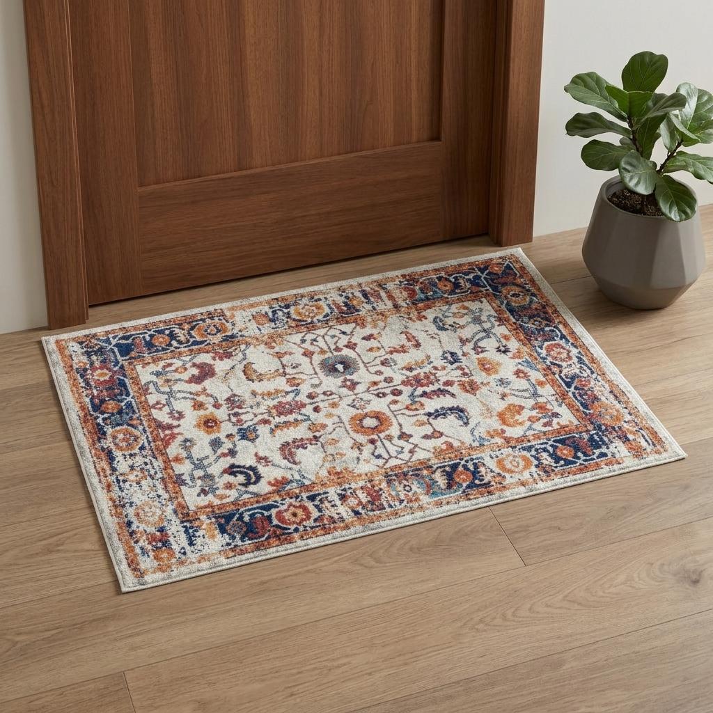 2' X 3' Ivory Navy and Orange Floral Power Loom Area Rug - Home & Garden