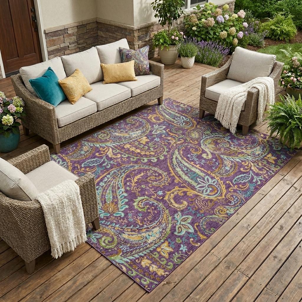 10' X 14' Purple Turquoise and Gold Paisley Washable Non Skid Indoor Outdoor Area Rug - Sports & Outdoor