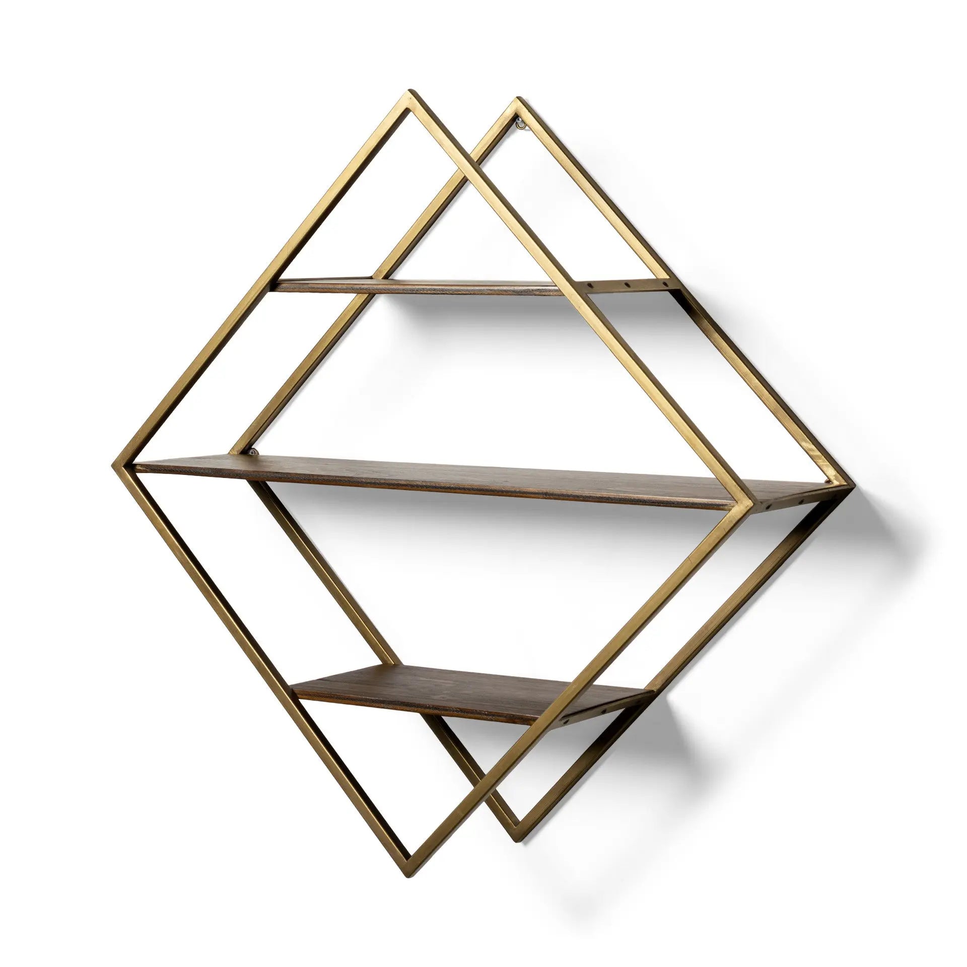 30" Antiqued Brass And Brown Metal And Solid Wood Diamond Shaped Accent Shelf Homeroots Organization