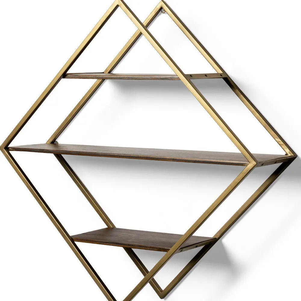 30" Antiqued Brass And Brown Metal And Solid Wood Diamond Shaped Accent Shelf Homeroots Organization