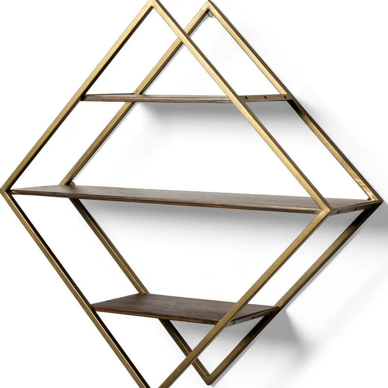 30" Antiqued Brass And Brown Metal And Solid Wood Diamond Shaped Accent Shelf Homeroots Organization