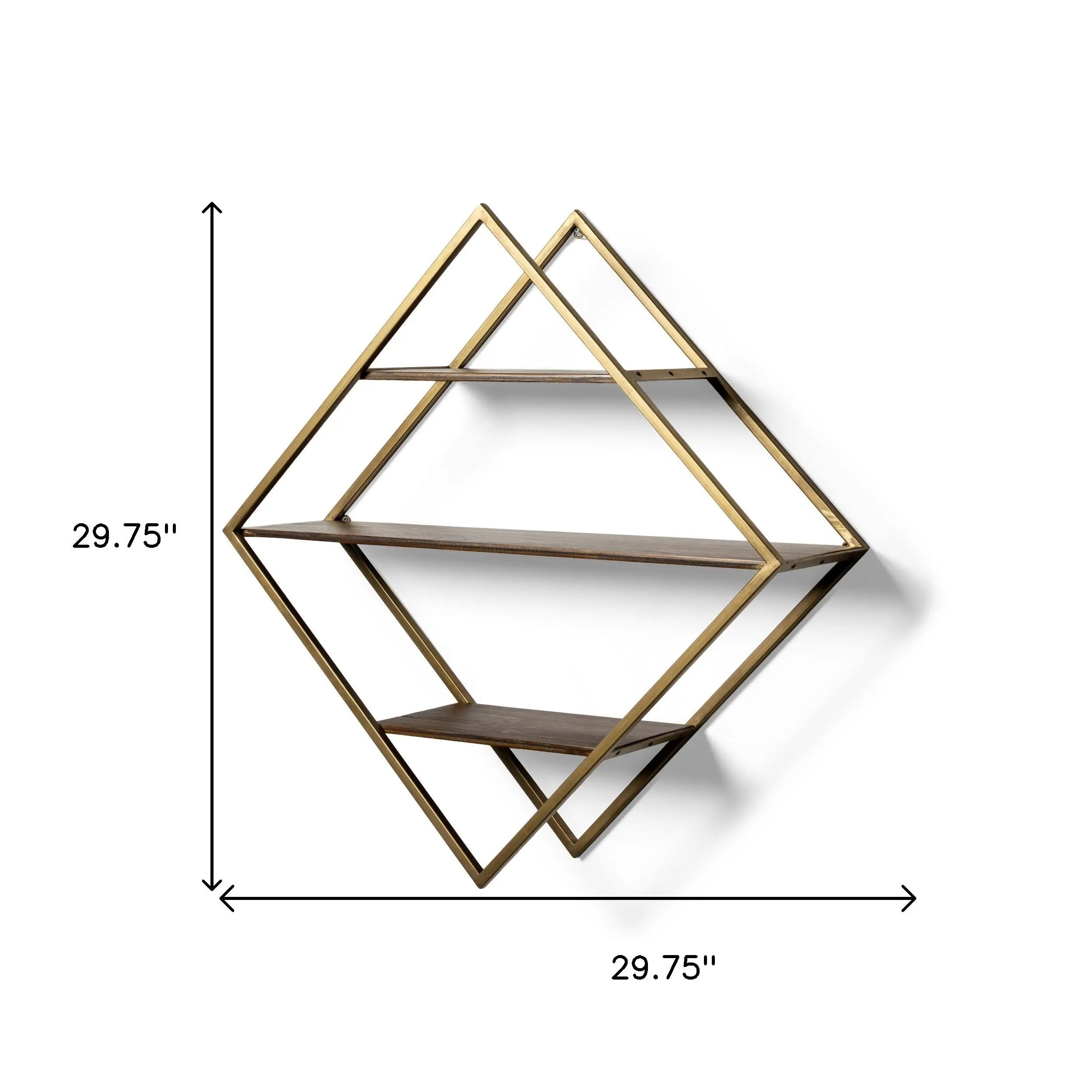 30" Antiqued Brass And Brown Metal And Solid Wood Diamond Shaped Accent Shelf Homeroots Organization