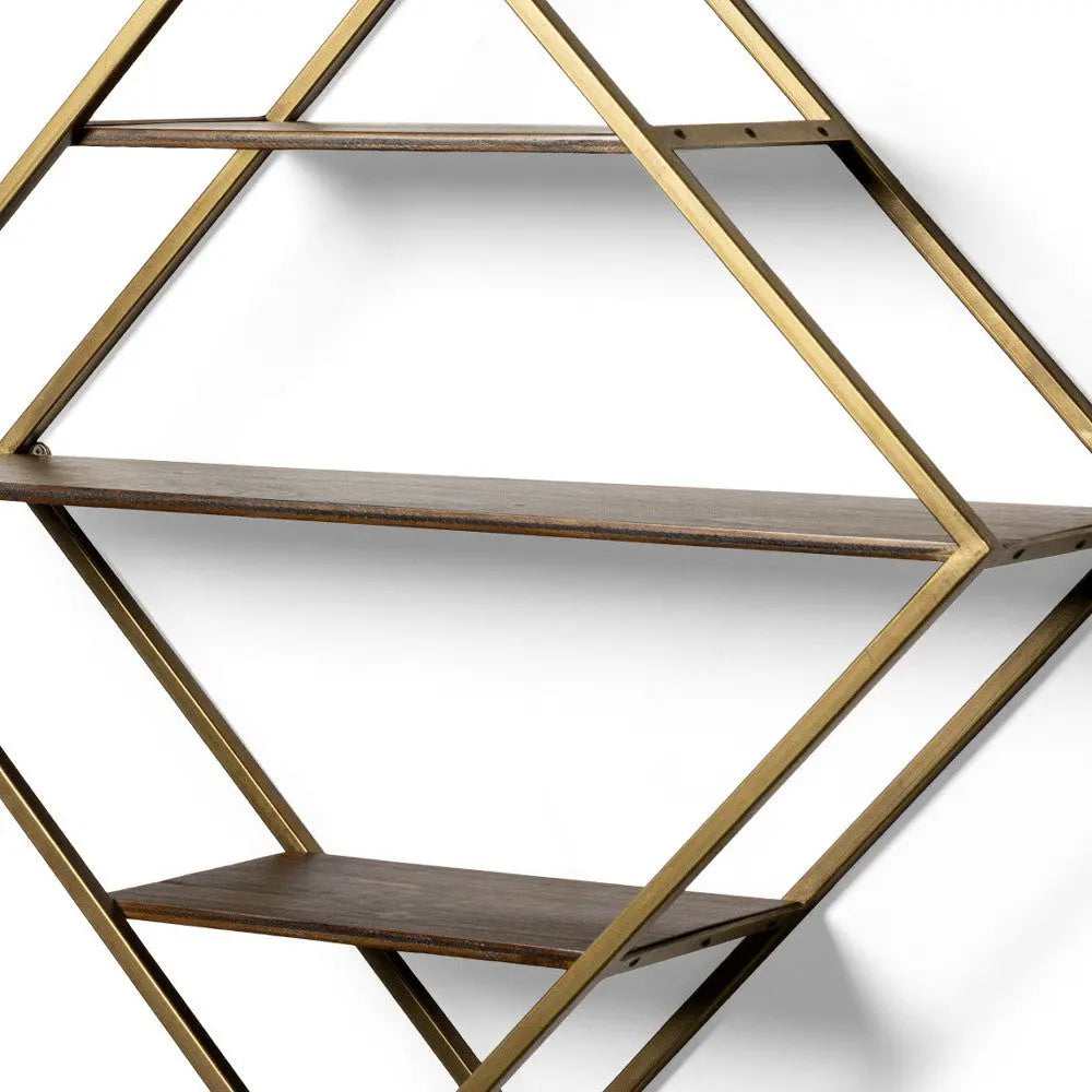 30" Antiqued Brass And Brown Metal And Solid Wood Diamond Shaped Accent Shelf Homeroots Organization