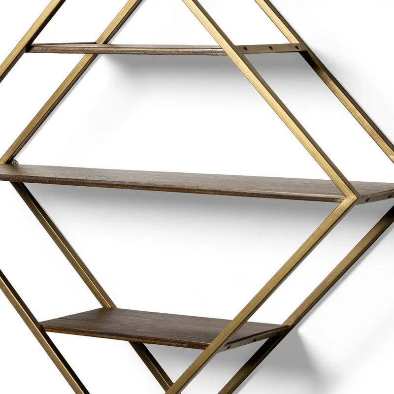 30" Antiqued Brass And Brown Metal And Solid Wood Diamond Shaped Accent Shelf Homeroots Organization