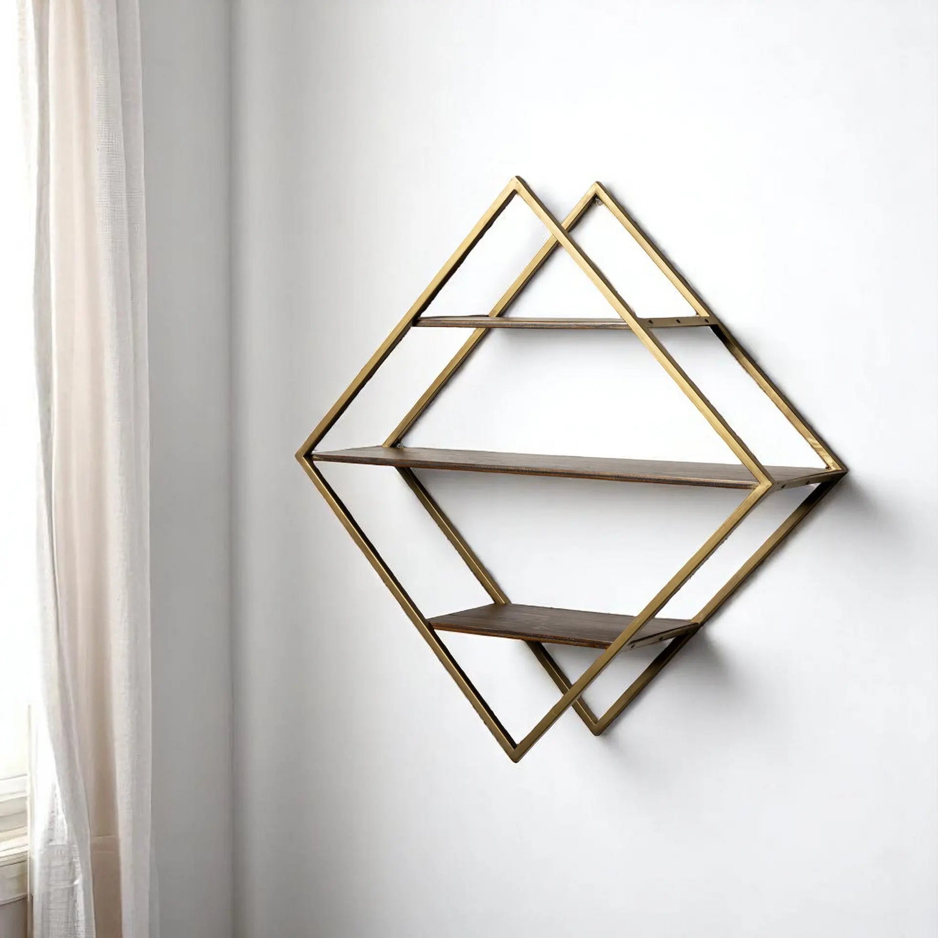30" Antiqued Brass And Brown Metal And Solid Wood Diamond Shaped Accent Shelf Homeroots Organization