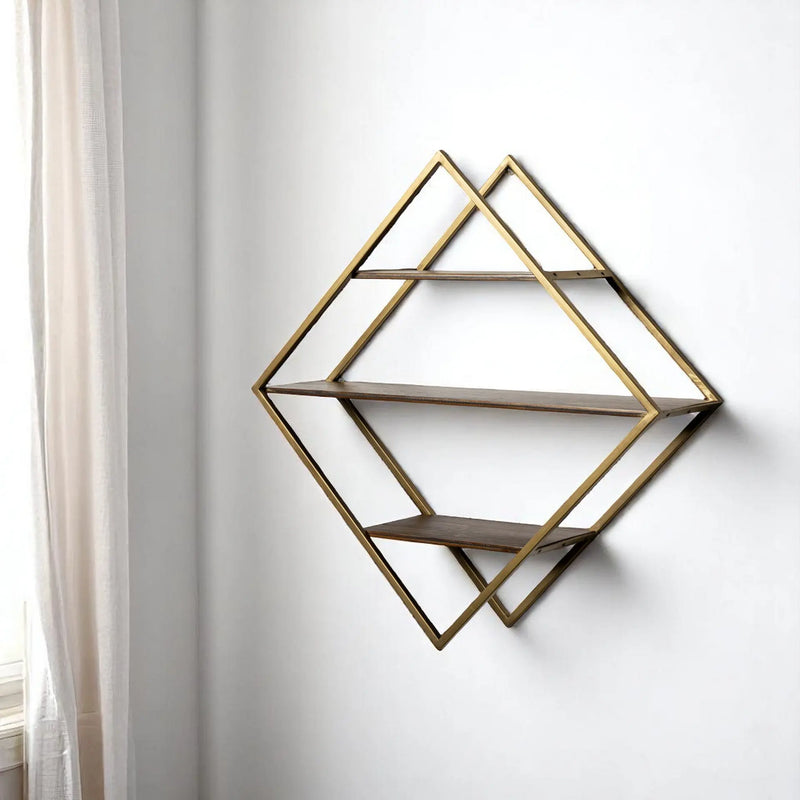 30" Antiqued Brass And Brown Metal And Solid Wood Diamond Shaped Accent Shelf Homeroots Organization