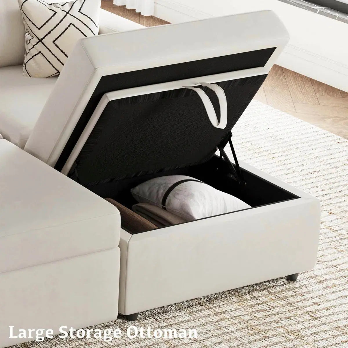 30" Beige and Black Velvet Storage Ottoman Homeroots Living Room