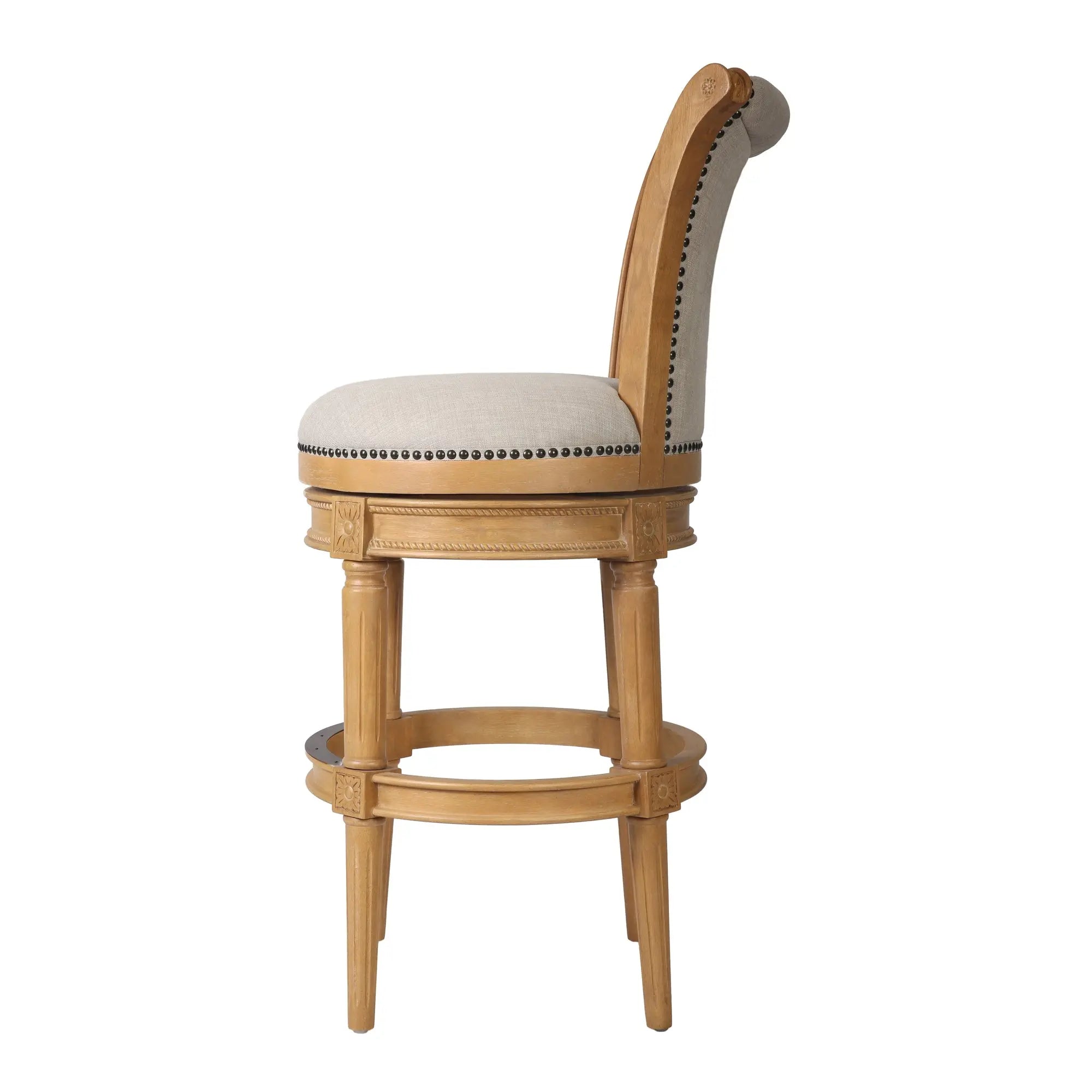 30" Beige and Natural Fabric and Solid Wood Bar Height Swivel Bar Chair Homeroots Living Room