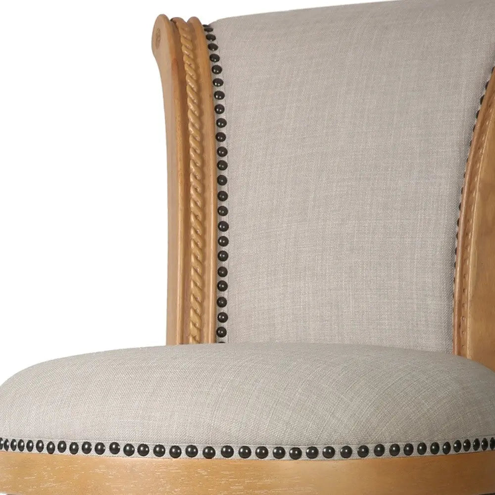 30" Beige and Natural Fabric and Solid Wood Bar Height Swivel Bar Chair Homeroots Living Room
