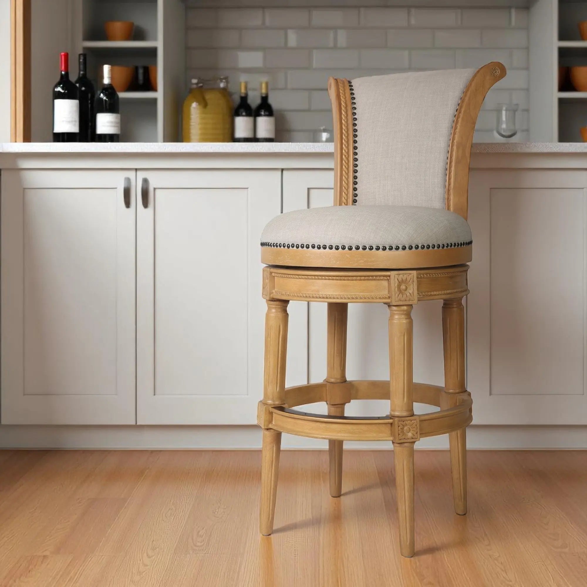 30" Beige and Natural Fabric and Solid Wood Bar Height Swivel Bar Chair Homeroots Living Room