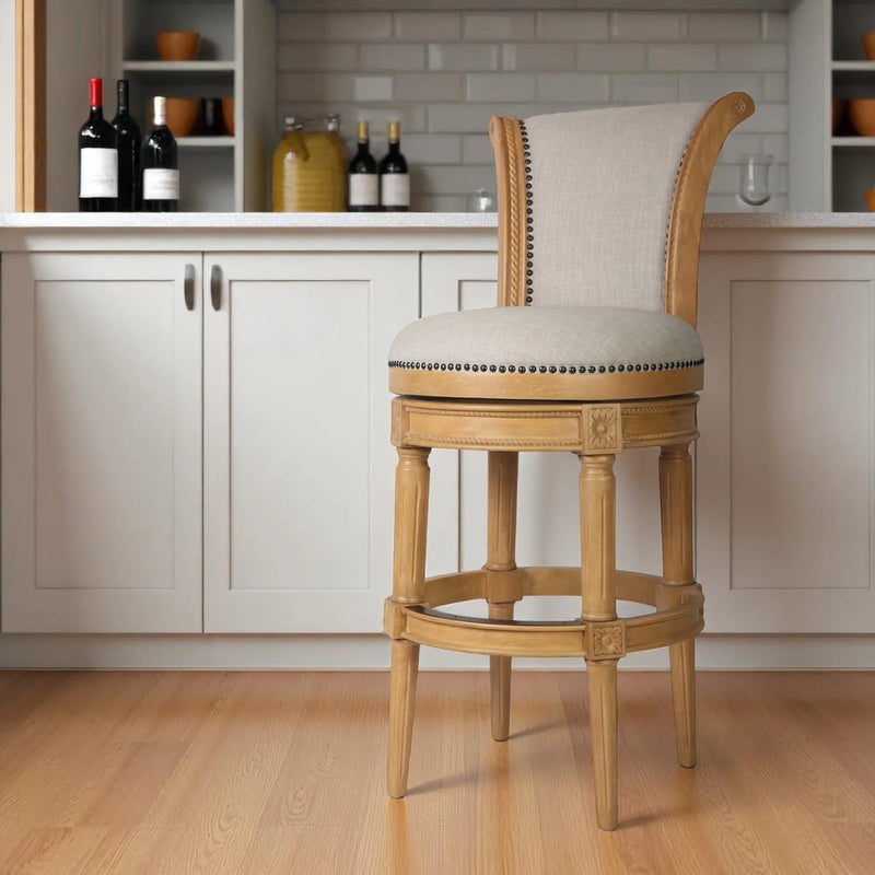 30" Beige and Natural Fabric and Solid Wood Bar Height Swivel Bar Chair Homeroots Living Room