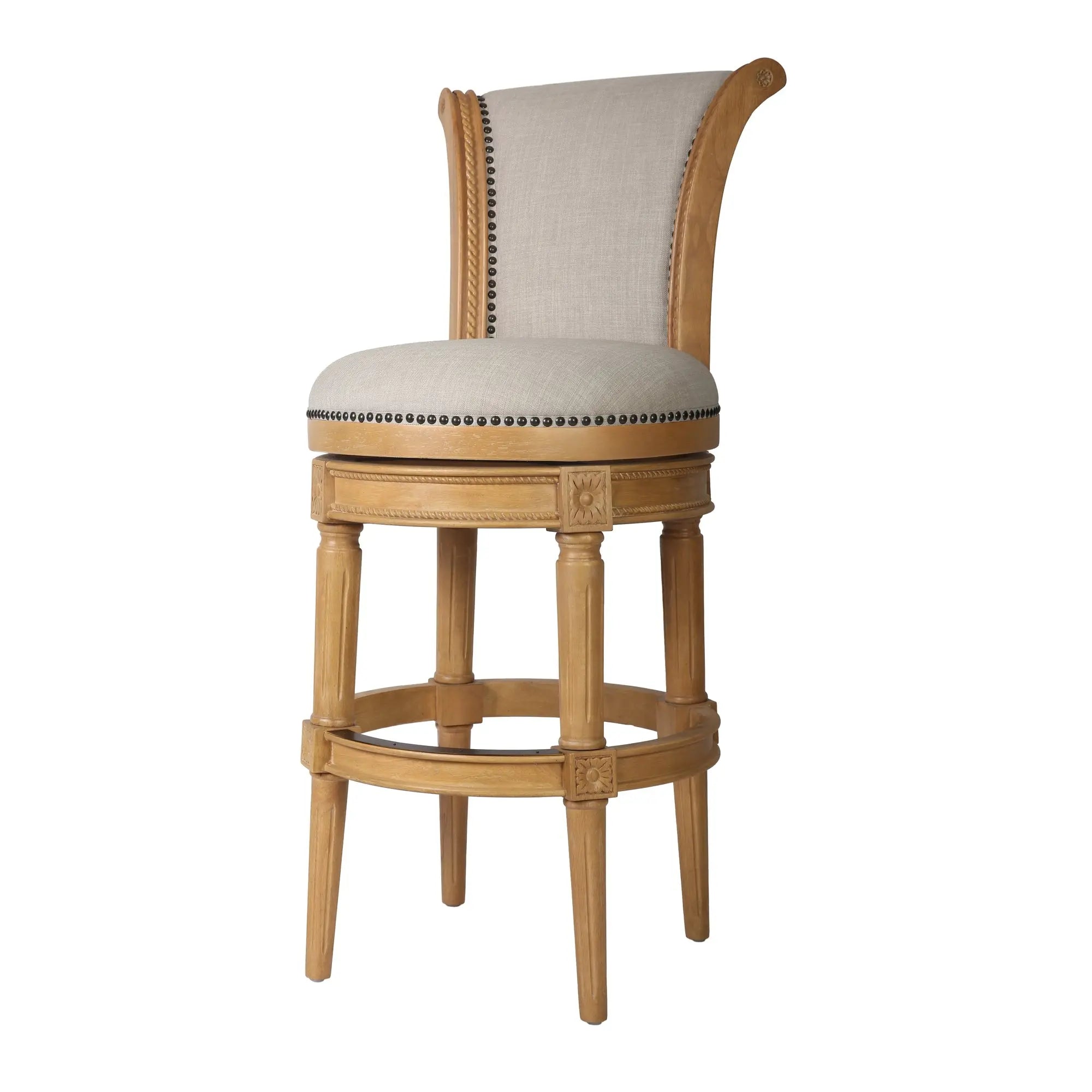 30" Beige and Natural Fabric and Solid Wood Bar Height Swivel Bar Chair Homeroots Living Room