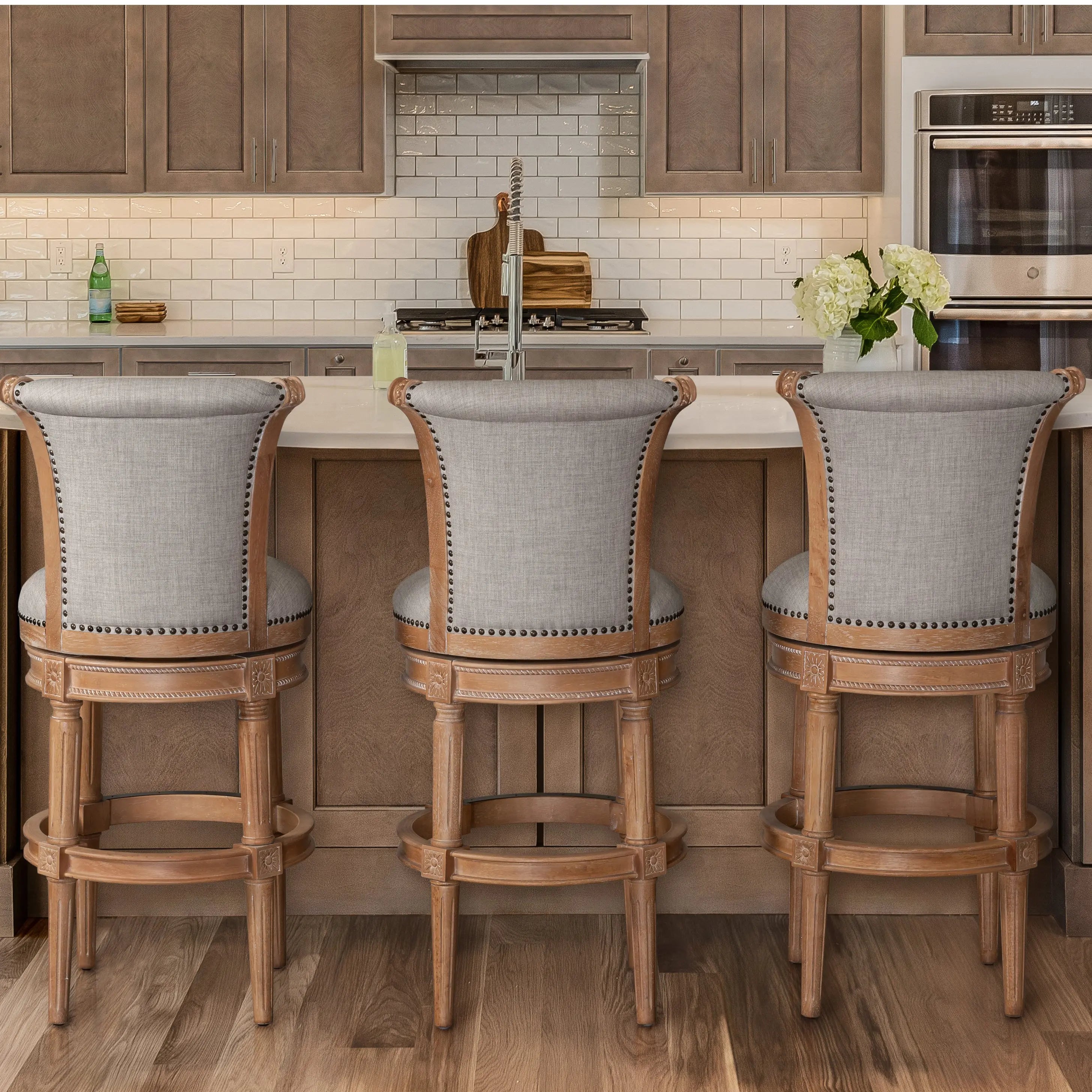 30" Beige and Natural Fabric and Solid Wood Bar Height Swivel Bar Chair Homeroots Living Room