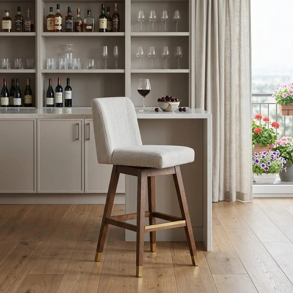 30" Beige and Wood Brown Solid Wood Bar Height Swivel Bar Chair Homeroots Living Room