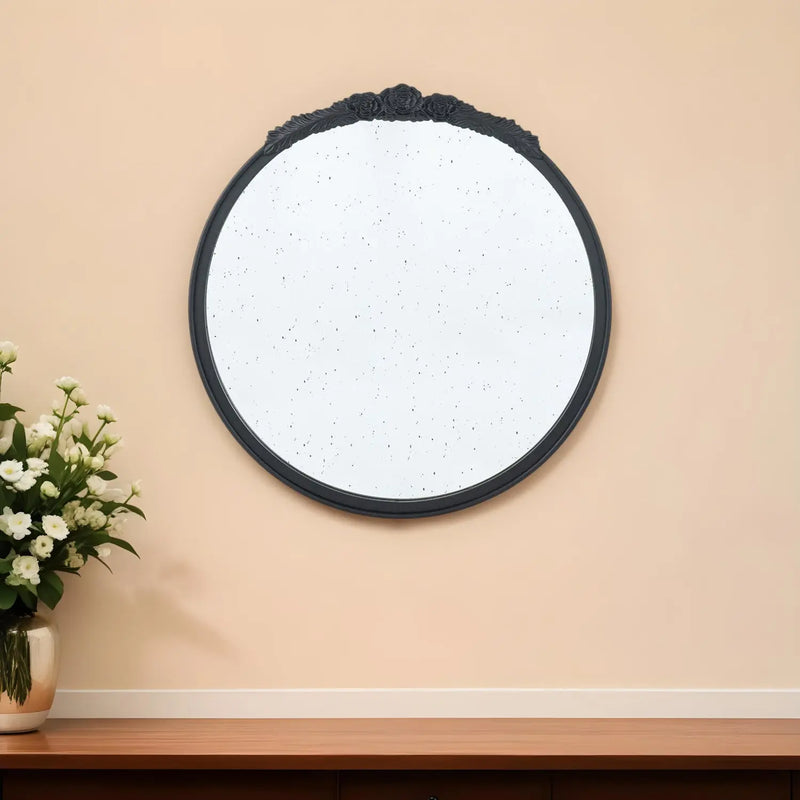 30" Black Crowned Top Antiqued Glass Round Framed Accent Mirror Homeroots Bed & Bath