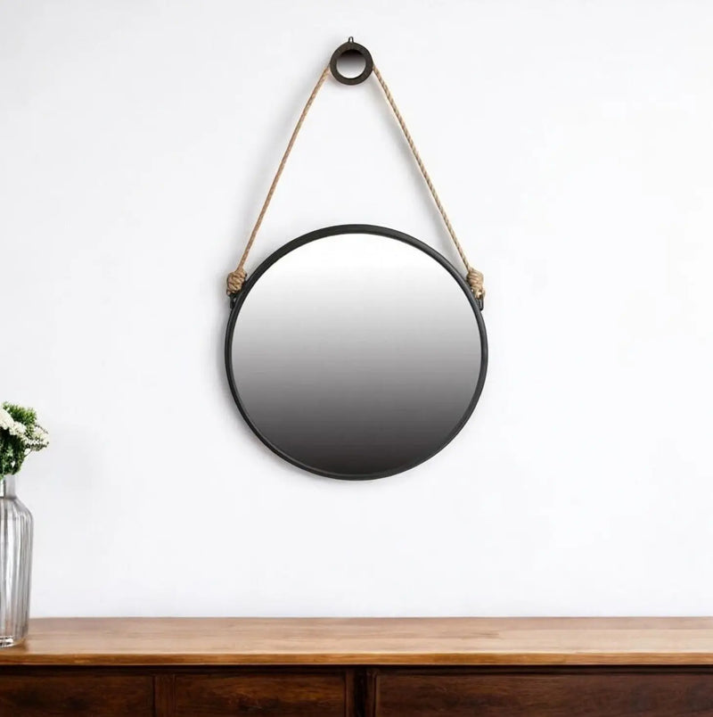 30" Black Fame Round Wall Hanging Accent Mirror with Rope Homeroots Bed & Bath