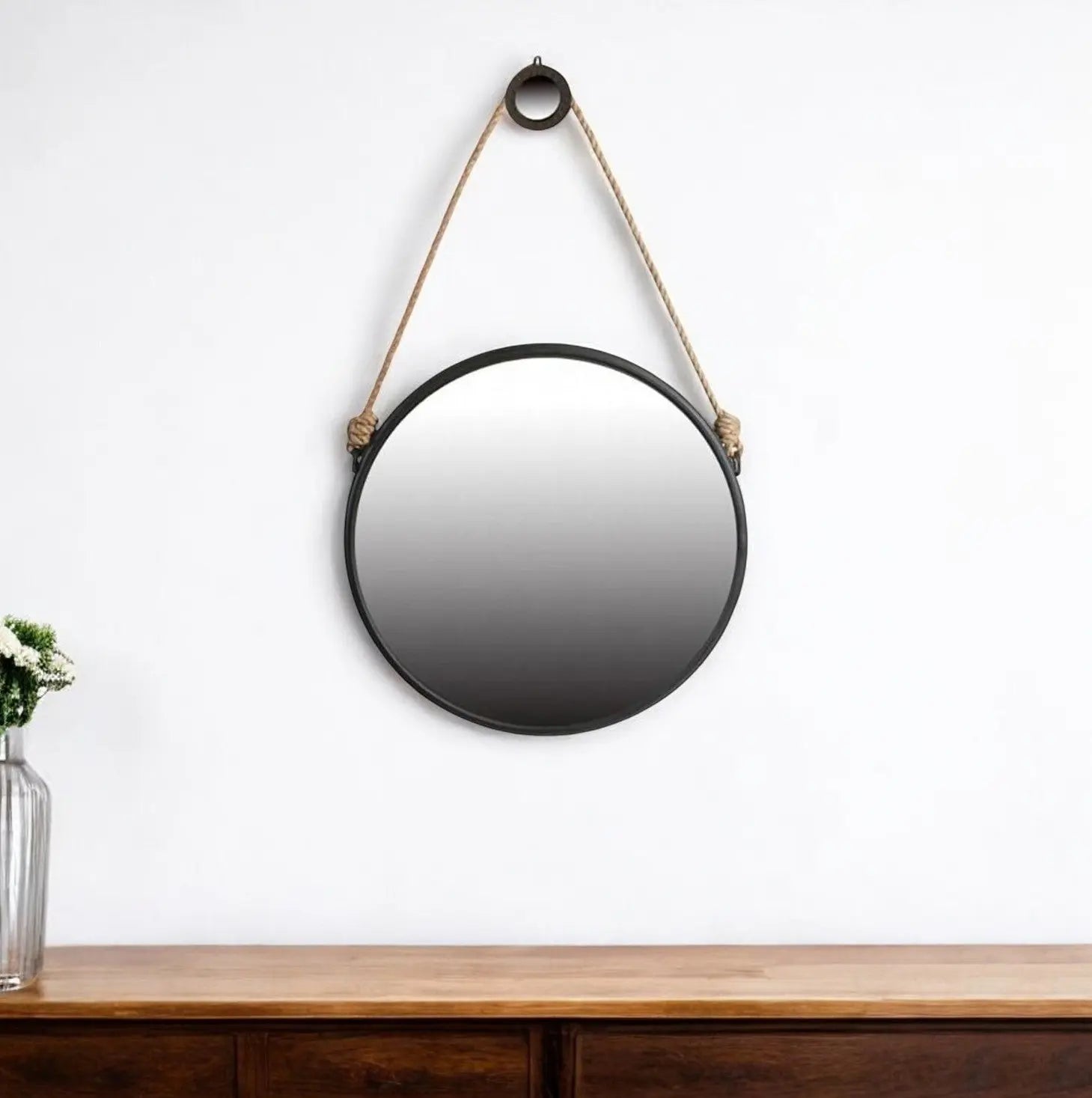 30" Black Fame Round Wall Hanging Accent Mirror with Rope Homeroots Bed & Bath