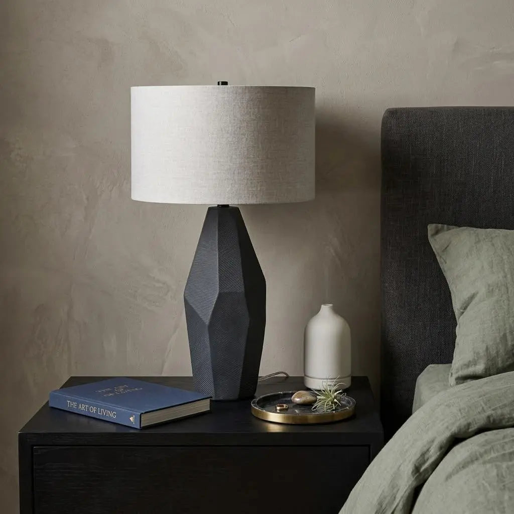30" Black Round Bedside Lamp With Drum Shade Homeroots Lighting