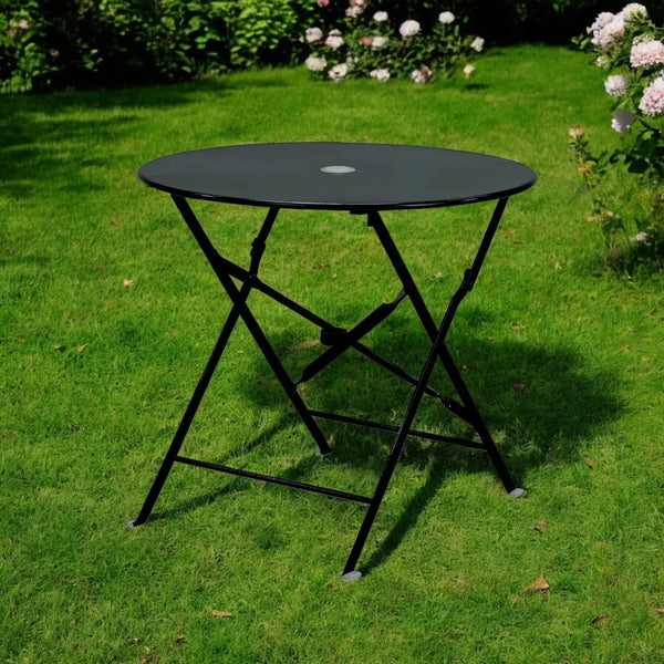 30" Black Rounded Aluminum Folding Outdoor Bistro Table with Umbrella Hole Homeroots Outdoor