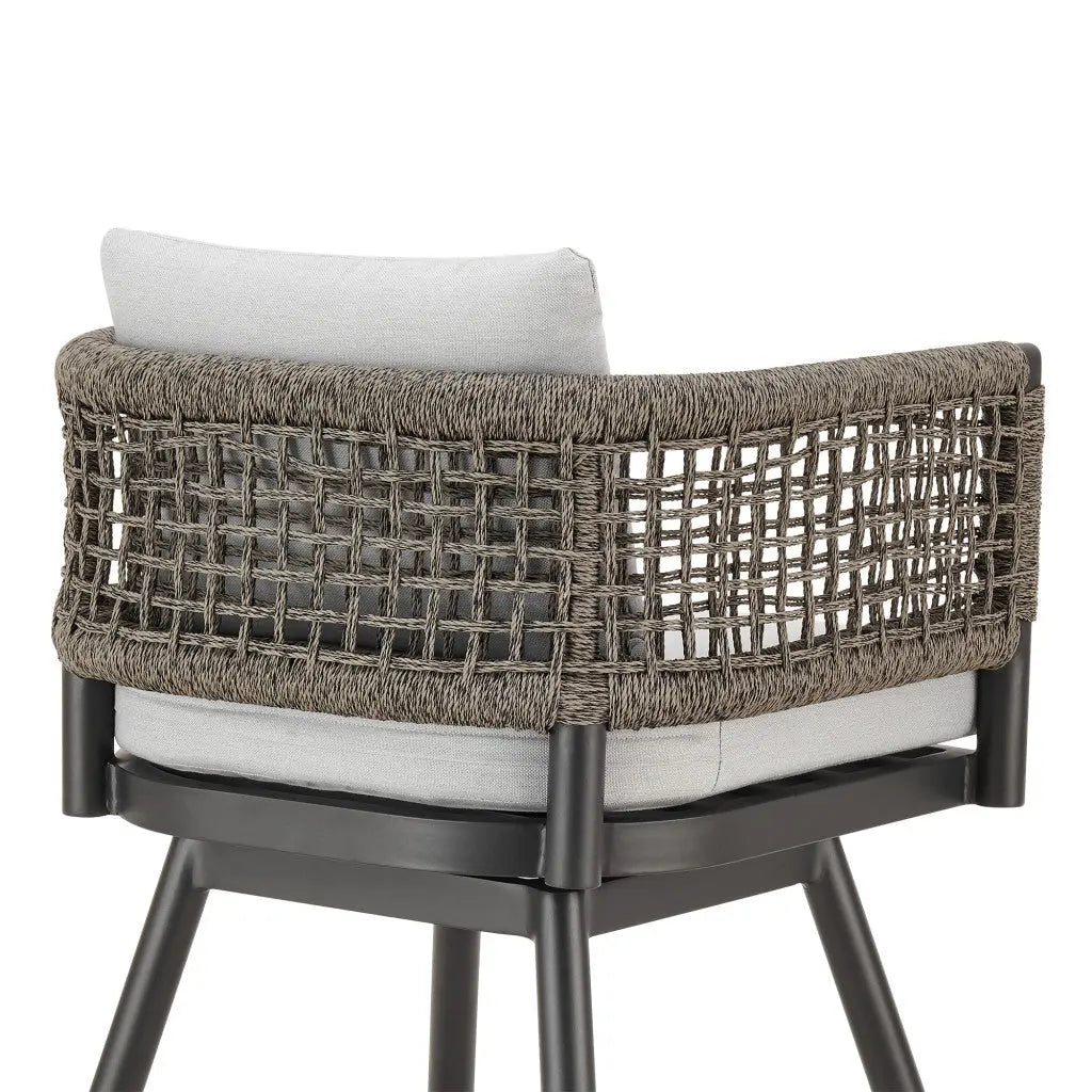 30" Black and Light Gray Aluminum Swivel Rope Back Outdoor Bar Height Chair with Footrest Homeroots Outdoor