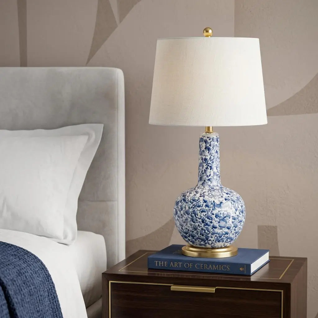 30" Blue White And Gold Gourd Table Lamp With Drum Shade Homeroots Lighting