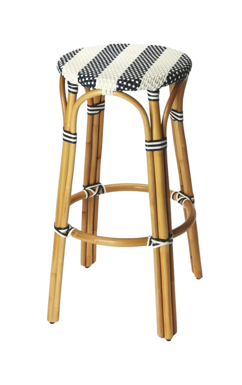 30" Blue and White and Natural Heavy Duty Rattan Backless Bar Height Bar Chair Homeroots Living Room