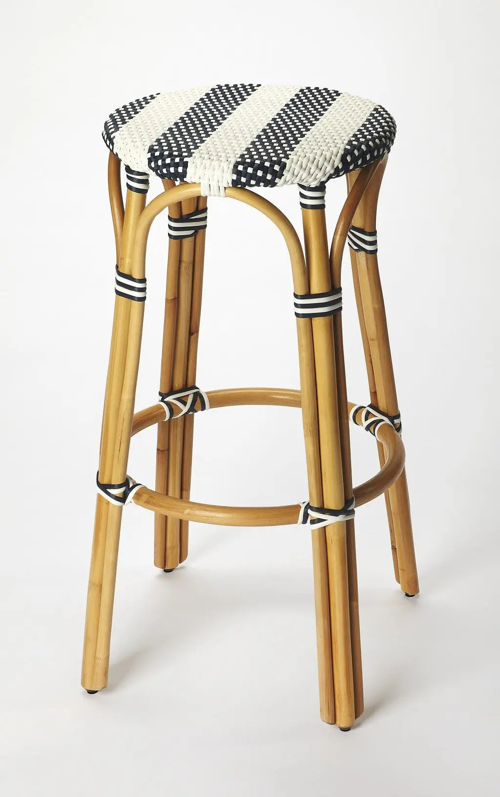 30" Blue and White and Natural Heavy Duty Rattan Backless Bar Height Bar Chair Homeroots Living Room